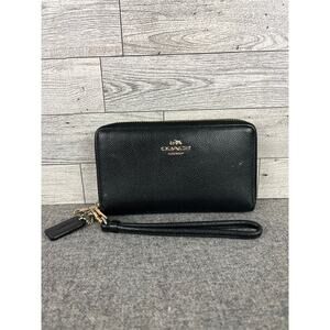 COACH ZIP WALLET Black Long Clutch Gold Hardware Wristlet Travel Purse